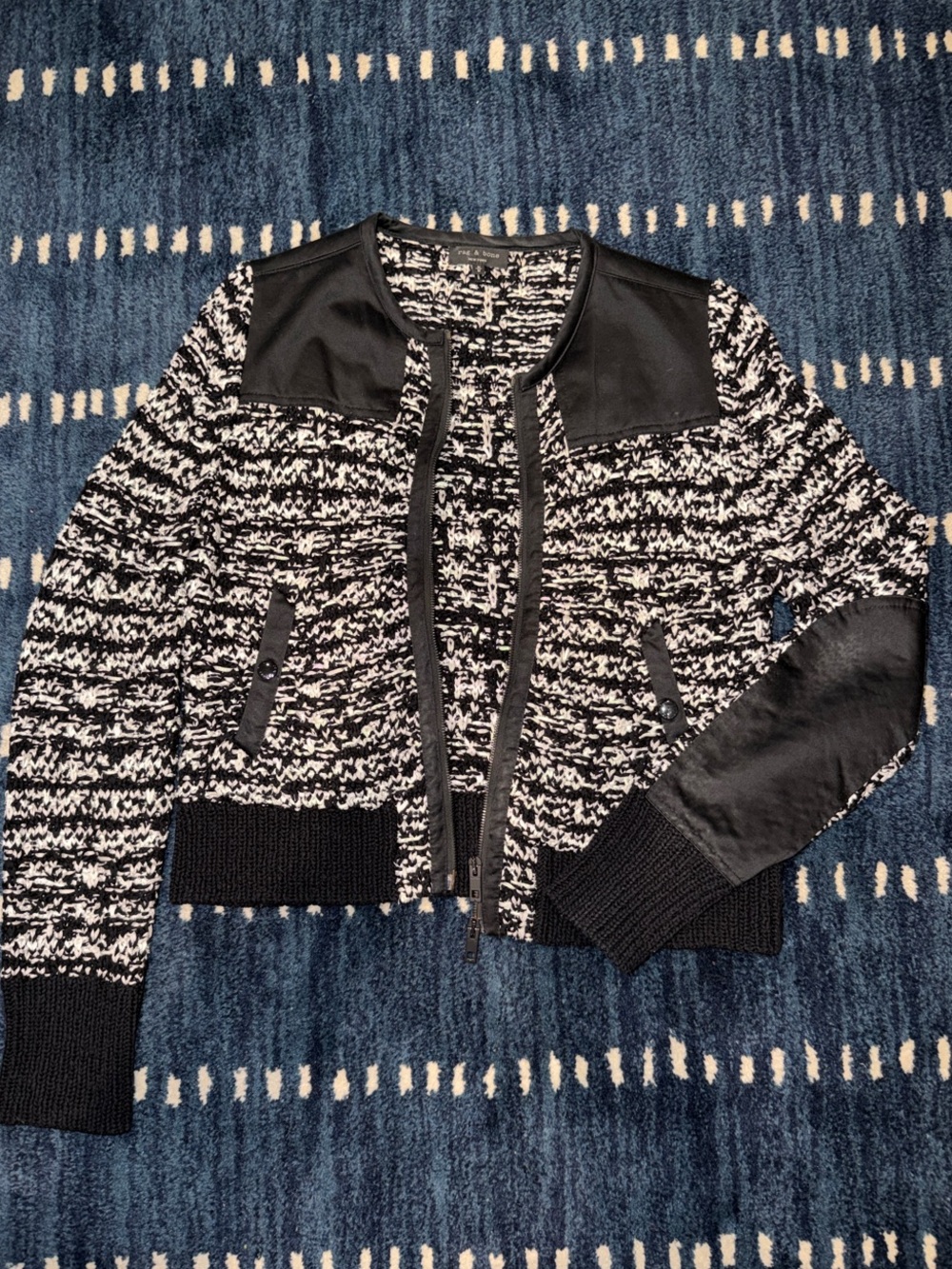 Rag & Bone Black & White Tweed Bomber Jacket with Black cotton sheen Accents